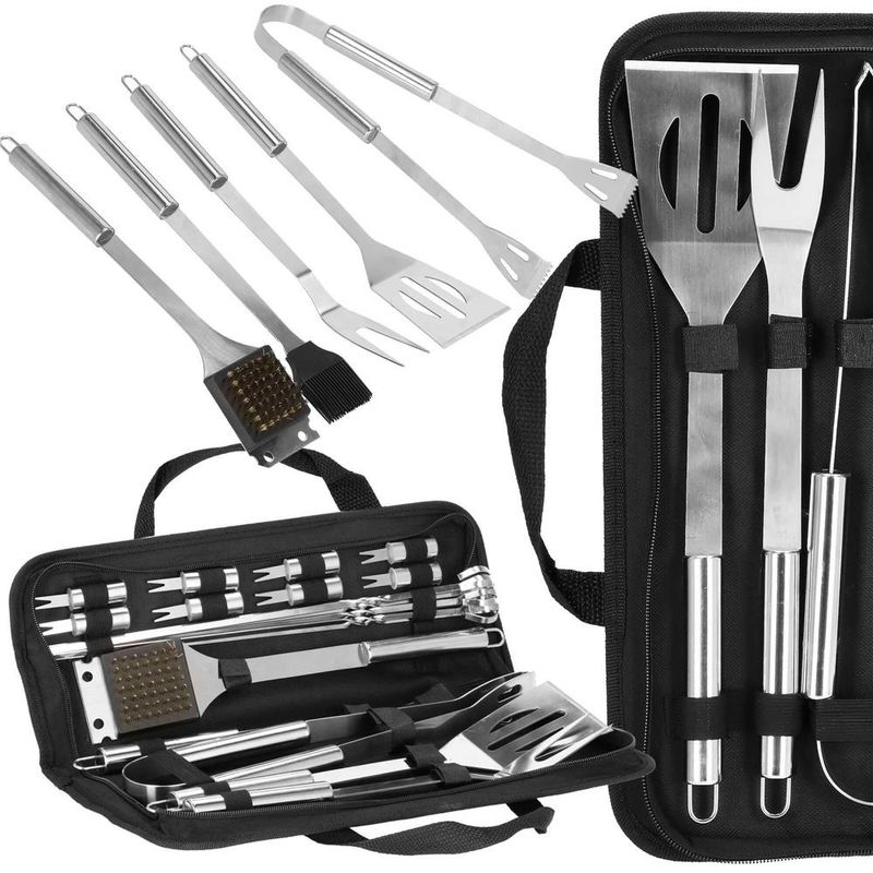 Casa si Gradina - Gradina si terasa - Gratare si accesorii - Gratare de gradina - Set accesorii gratar inox 20 piese cu furculita spatula cleste perie, rezistente la caldura, husa transport inclusa - Infinity.ro