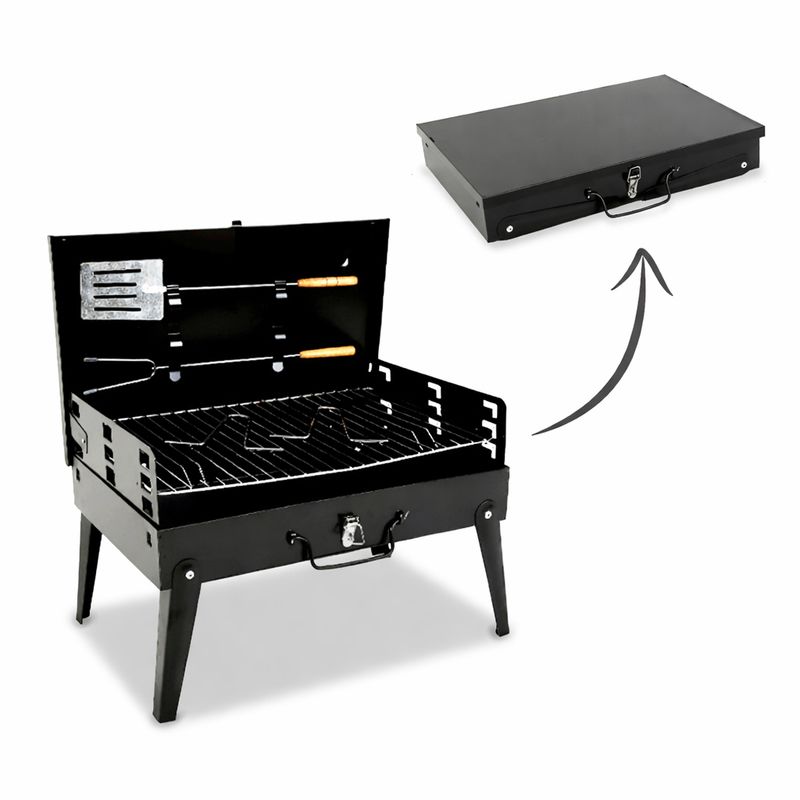 Casa si Gradina - Gradina si terasa - Gratare si accesorii - Gratare de gradina - Gratar portabil pliabil tip valiza pentru camping, cu accesorii de gratar incluse, 45x30x30 cm - Infinity.ro