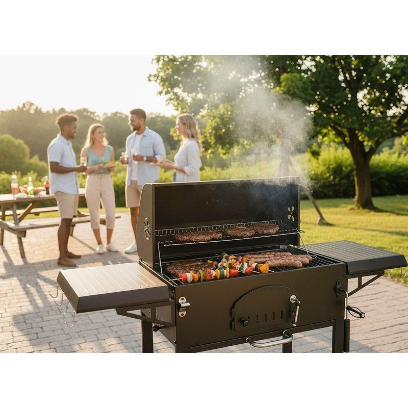 Casa si Gradina - Gradina si terasa - Gratare si accesorii - Gratare de gradina - Gratar carbuni cu capac si termometru, grill fonta, rafturi laterale, roti pentru deplasare, 153x65x137 cm, negru - Infinity.ro