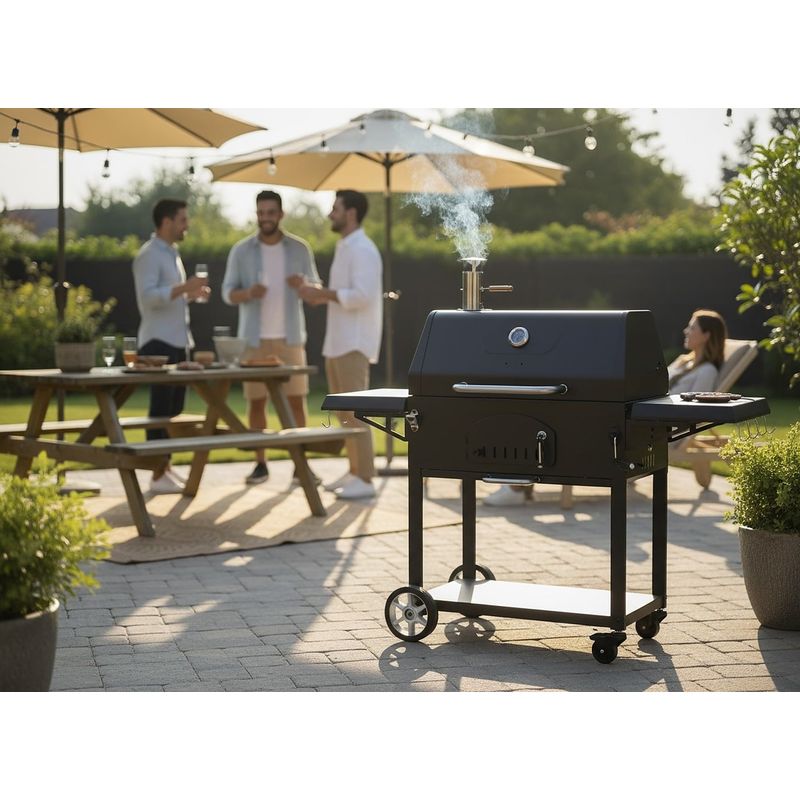 Casa si Gradina - Gradina si terasa - Gratare si accesorii - Gratare de gradina - Gratar carbuni cu capac si termometru, grill fonta, rafturi laterale, roti pentru deplasare, 153x65x137 cm, negru - Infinity.ro