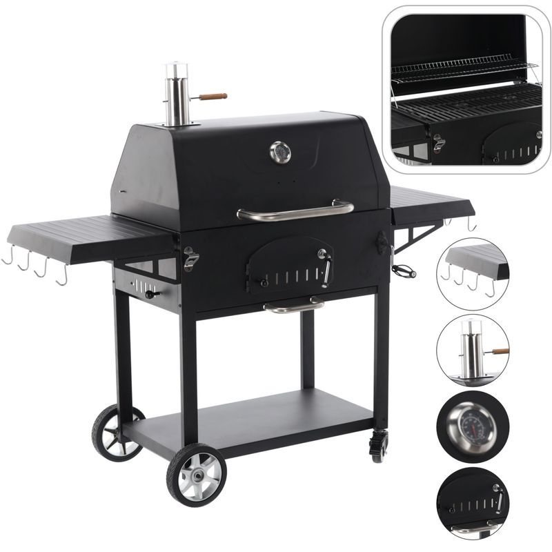 Casa si Gradina - Gradina si terasa - Gratare si accesorii - Gratare de gradina - Gratar carbuni cu capac si termometru, grill fonta, rafturi laterale, roti pentru deplasare, 153x65x137 cm, negru - Infinity.ro