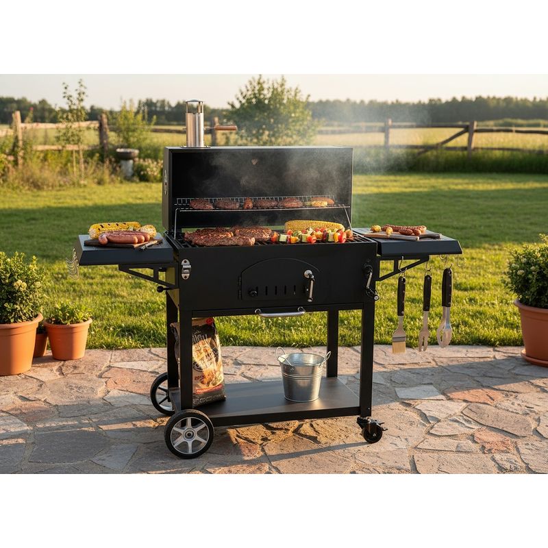 Casa si Gradina - Gradina si terasa - Gratare si accesorii - Gratare de gradina - Gratar carbuni cu capac si termometru, grill fonta, rafturi laterale, roti pentru deplasare, 153x65x137 cm, negru - Infinity.ro