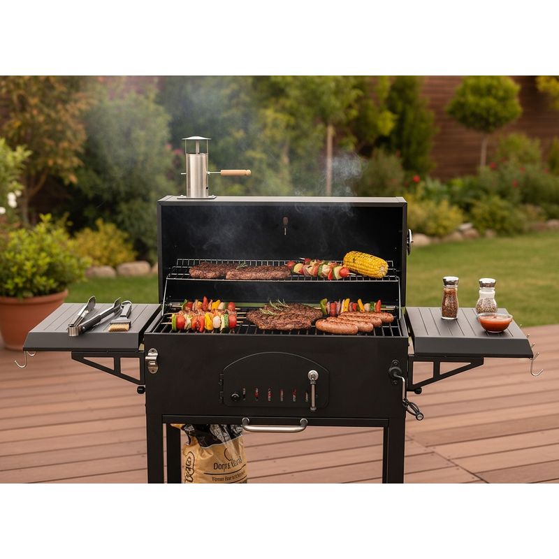 Casa si Gradina - Gradina si terasa - Gratare si accesorii - Gratare de gradina - Gratar carbuni cu capac si termometru, grill fonta, rafturi laterale, roti pentru deplasare, 153x65x137 cm, negru - Infinity.ro