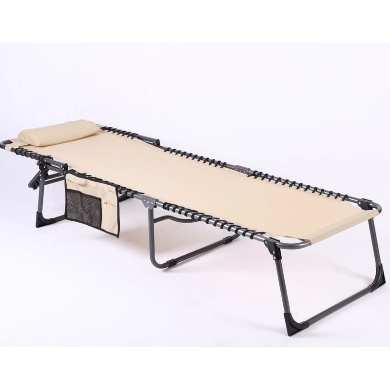 Casa si Gradina - Gradina si terasa - Mobilier exterior - Scaune si sezlonguri gradina - Sezlong pliabil 190x58x30 cm, cu spatar reglabil, perna si buzunar lateral, cadru metalic, crem - Infinity.ro