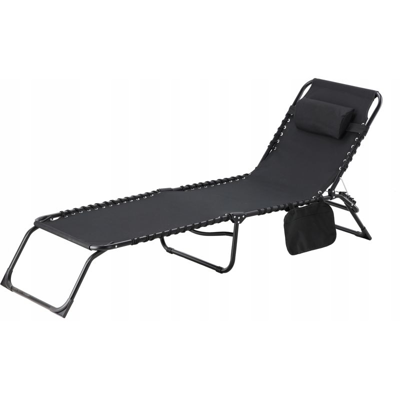 Casa si Gradina - Gradina si terasa - Mobilier exterior - Scaune si sezlonguri gradina - Sezlong pliabil 190x58x30 cm, cu spatar reglabil, perna si buzunar lateral, cadru metalic, negru - Infinity.ro