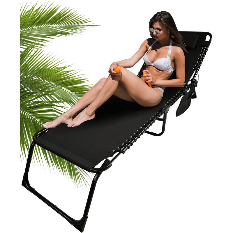 Casa si Gradina - Gradina si terasa - Mobilier exterior - Scaune si sezlonguri gradina - Sezlong pliabil 190x58x30 cm, cu spatar reglabil, perna si buzunar lateral, cadru metalic, negru - Infinity.ro
