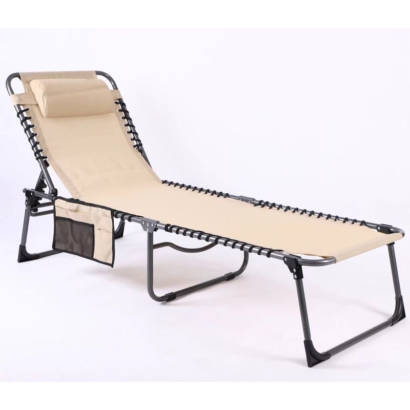 Casa si Gradina - Gradina si terasa - Mobilier exterior - Scaune si sezlonguri gradina - Sezlong pliabil 190x58x30 cm, cu spatar reglabil, perna si buzunar lateral, cadru metalic, crem - Infinity.ro