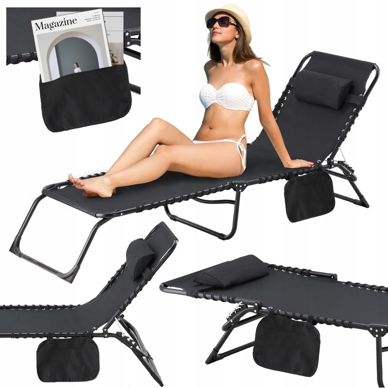Casa si Gradina - Gradina si terasa - Mobilier exterior - Scaune si sezlonguri gradina - Sezlong pliabil 190x58x30 cm, cu spatar reglabil, perna si buzunar lateral, cadru metalic, negru - Infinity.ro