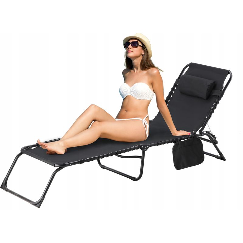 Casa si Gradina - Gradina si terasa - Mobilier exterior - Scaune si sezlonguri gradina - Sezlong pliabil 190x58x30 cm, cu spatar reglabil, perna si buzunar lateral, cadru metalic, negru - Infinity.ro