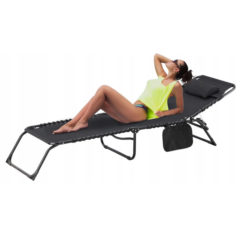 Casa si Gradina - Gradina si terasa - Mobilier exterior - Scaune si sezlonguri gradina - Sezlong pliabil 190x58x30 cm, cu spatar reglabil, perna si buzunar lateral, cadru metalic, negru - Infinity.ro