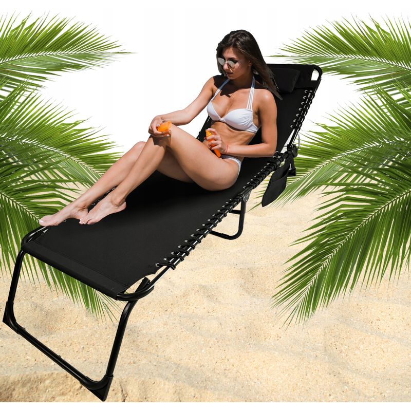 Casa si Gradina - Gradina si terasa - Mobilier exterior - Scaune si sezlonguri gradina - Sezlong pliabil 190x58x30 cm, cu spatar reglabil, perna si buzunar lateral, cadru metalic, negru - Infinity.ro