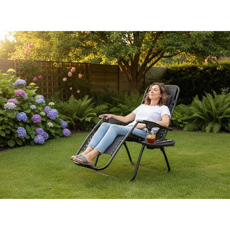 Casa si Gradina - Gradina si terasa - Mobilier exterior - Scaune si sezlonguri gradina - Sezlong pliant cu suport pahar, buzunar si perna, textilene, maxim 120 kg, 65x90x110 cm, negru - Infinity.ro