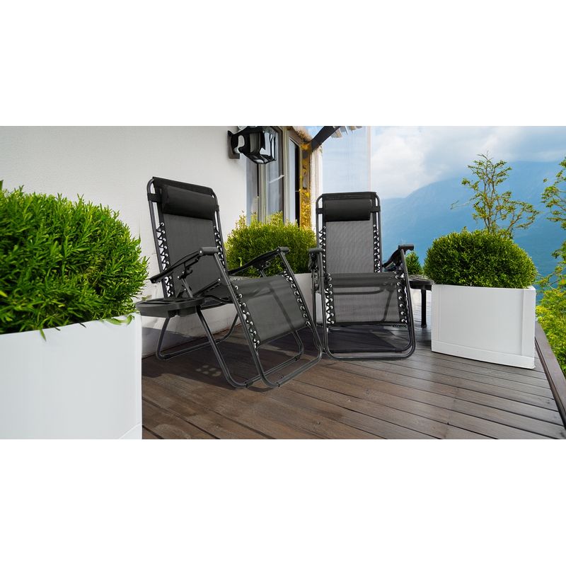 Casa si Gradina - Gradina si terasa - Mobilier exterior - Scaune si sezlonguri gradina - Sezlong pliant cu suport pahar, buzunar si perna, textilene, maxim 120 kg, 65x90x110 cm, negru - Infinity.ro