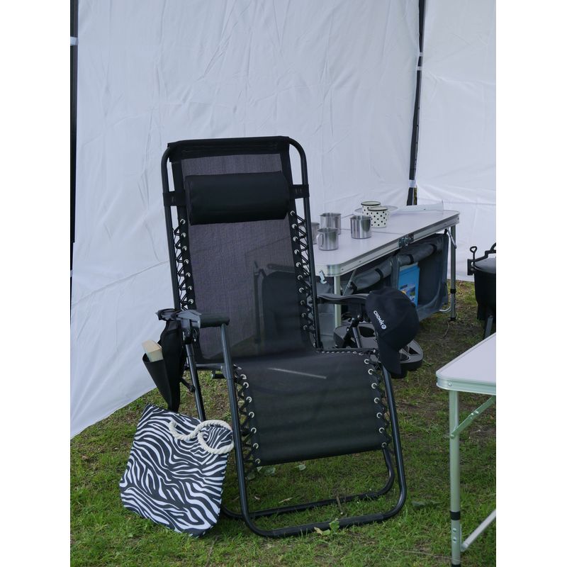 Casa si Gradina - Gradina si terasa - Mobilier exterior - Scaune si sezlonguri gradina - Sezlong pliant cu suport pahar, buzunar si perna, textilene, maxim 120 kg, 65x90x110 cm, negru - Infinity.ro