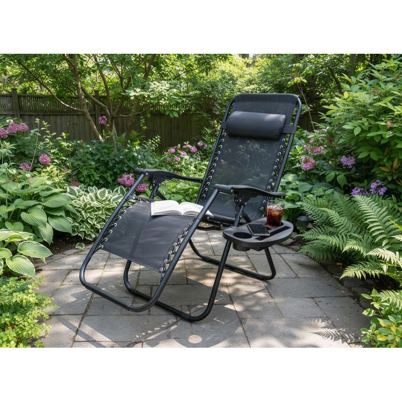 Casa si Gradina - Gradina si terasa - Mobilier exterior - Scaune si sezlonguri gradina - Sezlong pliant cu suport pahar, buzunar si perna, textilene, maxim 120 kg, 65x90x110 cm, negru - Infinity.ro