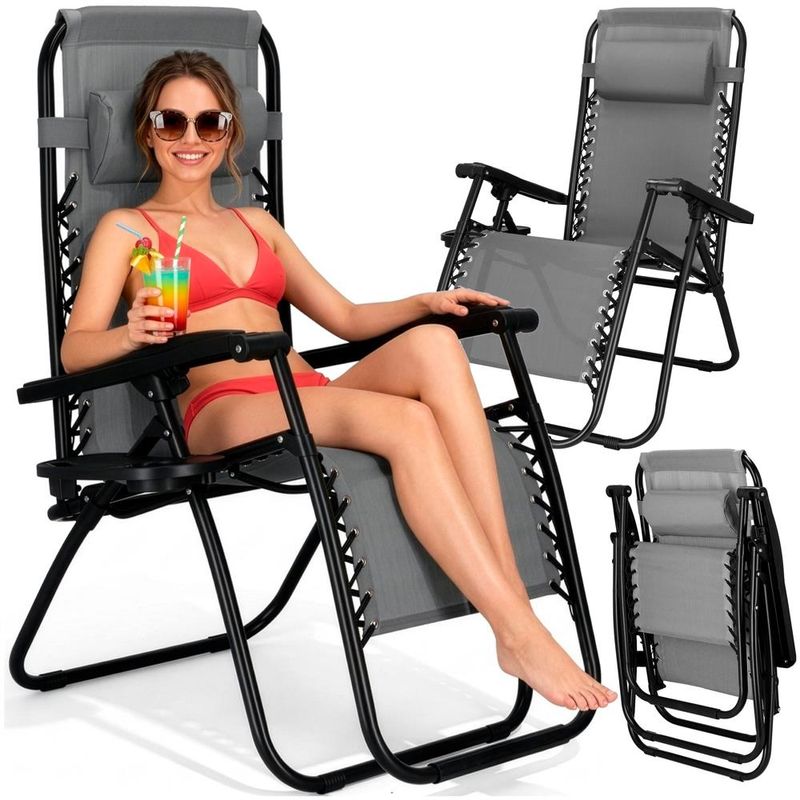 Casa si Gradina - Gradina si terasa - Mobilier exterior - Scaune si sezlonguri gradina - Sezlong scaun pliant plaja sau gradina, Siesta, gravitatie zero, cu tetiera, 175x67x110 cm, gri - Infinity.ro