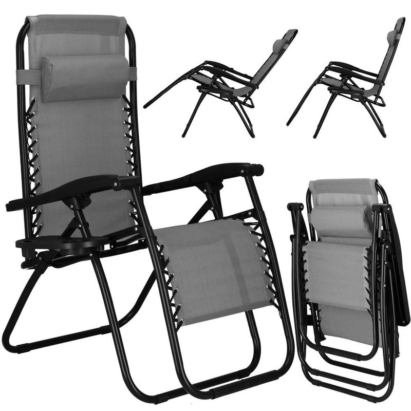 Casa si Gradina - Gradina si terasa - Mobilier exterior - Scaune si sezlonguri gradina - Sezlong scaun pliant plaja sau gradina, Siesta, gravitatie zero, cu tetiera, 175x67x110 cm, gri - Infinity.ro