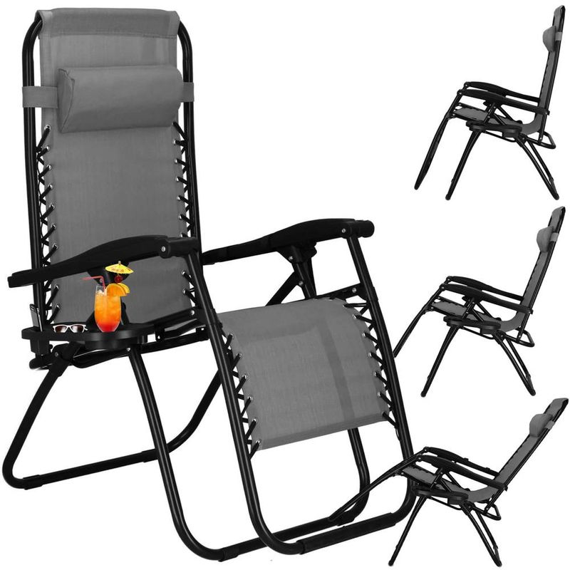 Casa si Gradina - Gradina si terasa - Mobilier exterior - Scaune si sezlonguri gradina - Sezlong scaun pliant plaja sau gradina, Siesta, gravitatie zero, cu tetiera, 175x67x110 cm, gri - Infinity.ro
