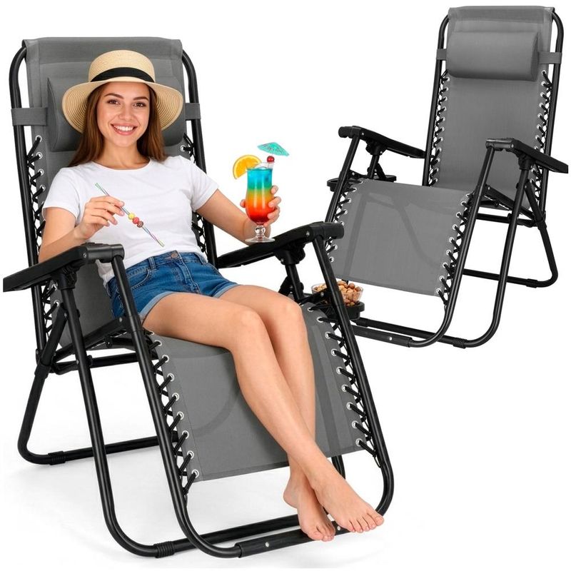Casa si Gradina - Gradina si terasa - Mobilier exterior - Scaune si sezlonguri gradina - Sezlong scaun pliant plaja sau gradina, Siesta, gravitatie zero, cu tetiera, 175x67x110 cm, gri - Infinity.ro