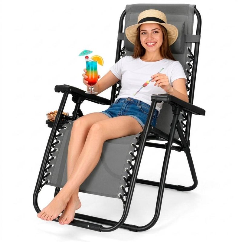 Casa si Gradina - Gradina si terasa - Mobilier exterior - Scaune si sezlonguri gradina - Sezlong scaun pliant plaja sau gradina, Siesta, gravitatie zero, cu tetiera, 175x67x110 cm, gri - Infinity.ro