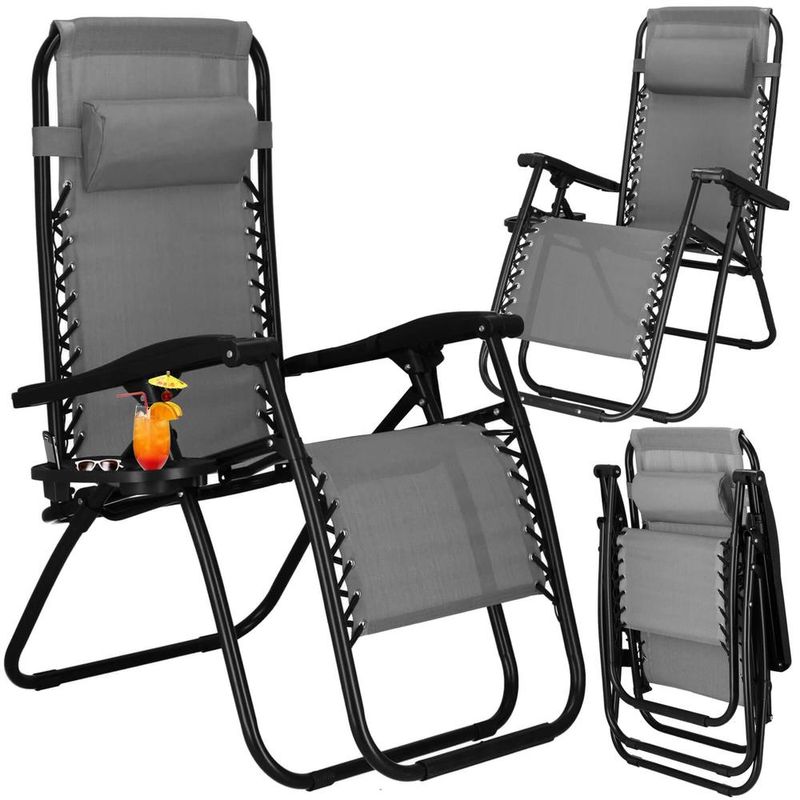Casa si Gradina - Gradina si terasa - Mobilier exterior - Scaune si sezlonguri gradina - Sezlong scaun pliant plaja sau gradina, Siesta, gravitatie zero, cu tetiera, 175x67x110 cm, gri - Infinity.ro