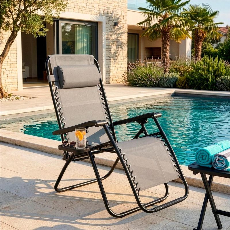 Casa si Gradina - Gradina si terasa - Mobilier exterior - Scaune si sezlonguri gradina - Sezlong scaun pliant plaja sau gradina, Siesta, gravitatie zero, cu tetiera, 175x67x110 cm, gri - Infinity.ro