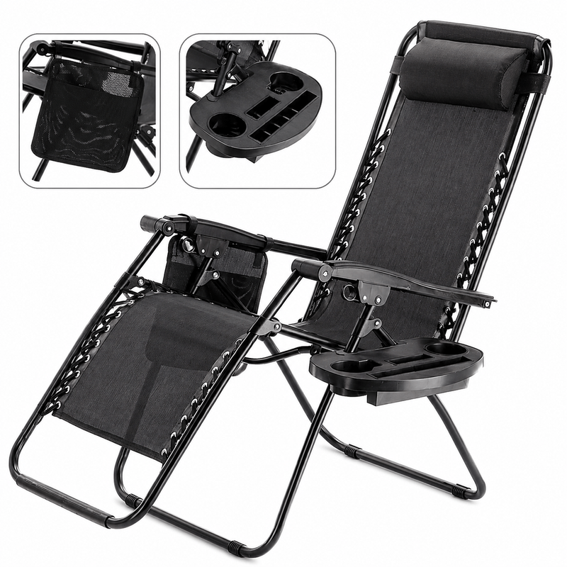 Casa si Gradina - Gradina si terasa - Mobilier exterior - Scaune si sezlonguri gradina - Sezlong pliant cu suport pahar, buzunar si perna, textilene, maxim 120 kg, 65x90x110 cm, negru - Infinity.ro