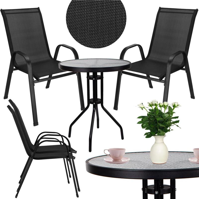 Casa si Gradina - Gradina si terasa - Mobilier exterior - Seturi mobila gradina - Set mobilier gradina, 2 scaune si masa rotunda, blat sticla, cadru metalic, 60x70 cm, negru - Infinity.ro