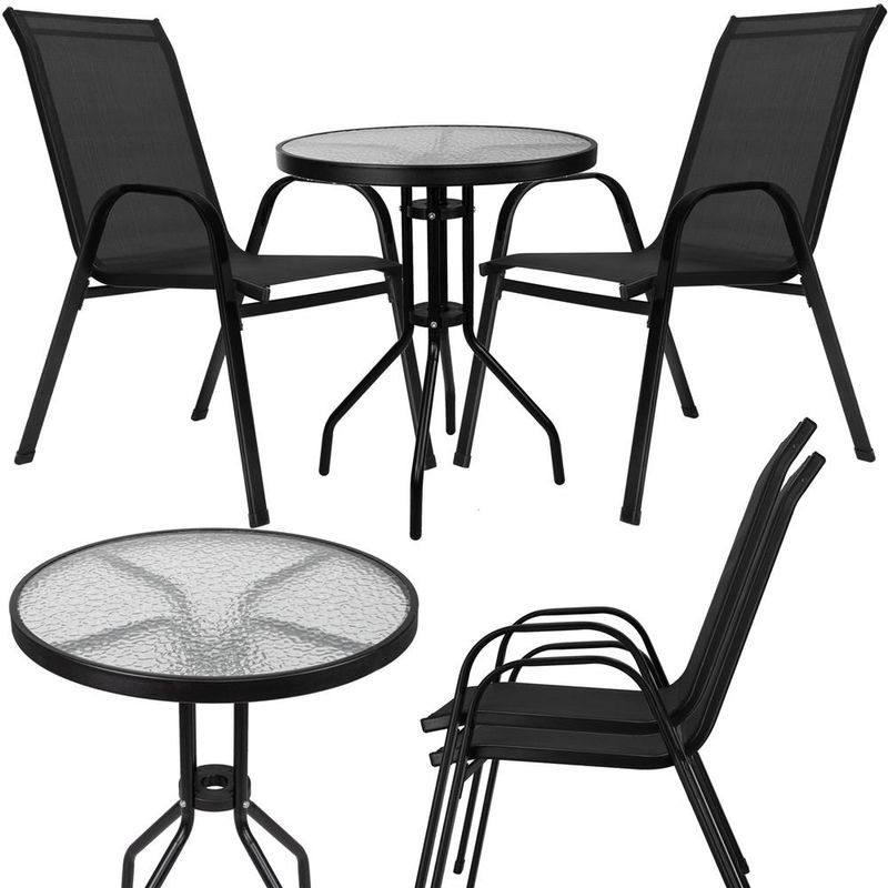 Casa si Gradina - Gradina si terasa - Mobilier exterior - Seturi mobila gradina - Set mobilier gradina, 2 scaune si masa rotunda, blat sticla, cadru metalic, 60x70 cm, negru - Infinity.ro