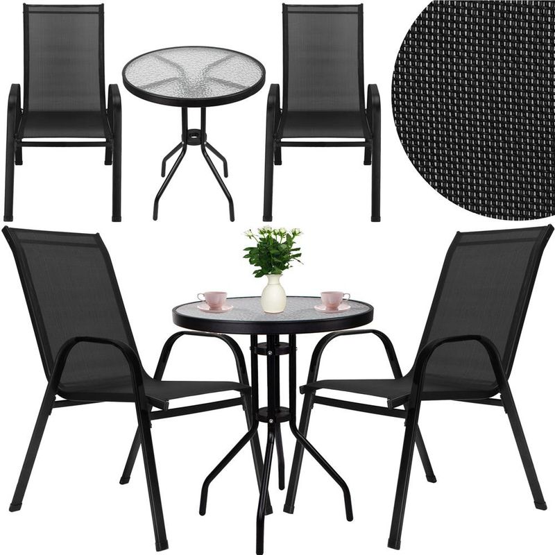 Casa si Gradina - Gradina si terasa - Mobilier exterior - Seturi mobila gradina - Set mobilier gradina, 2 scaune si masa rotunda, blat sticla, cadru metalic, 60x70 cm, negru - Infinity.ro