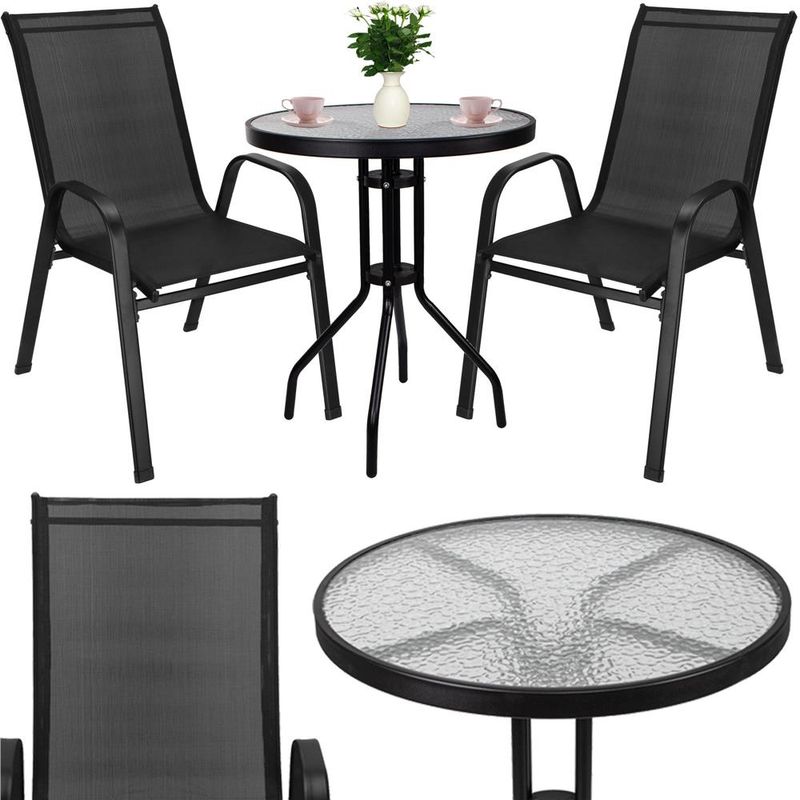 Casa si Gradina - Gradina si terasa - Mobilier exterior - Seturi mobila gradina - Set mobilier gradina, 2 scaune si masa rotunda, blat sticla, cadru metalic, 60x70 cm, negru - Infinity.ro