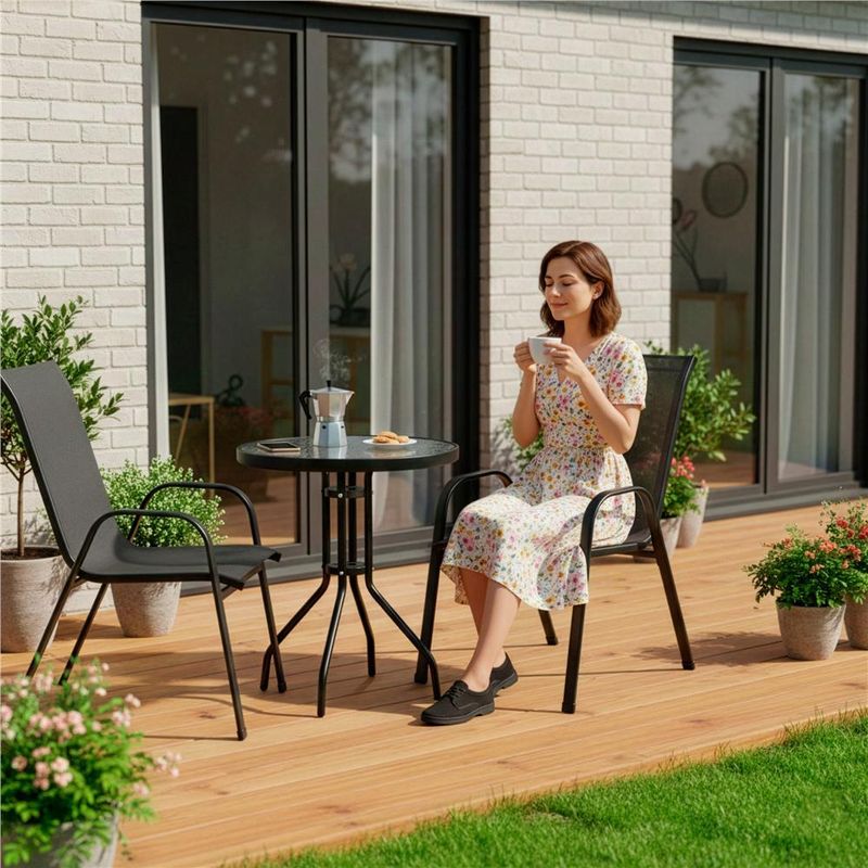 Casa si Gradina - Gradina si terasa - Mobilier exterior - Seturi mobila gradina - Set mobilier gradina, 2 scaune si masa rotunda, blat sticla, cadru metalic, 60x70 cm, negru - Infinity.ro
