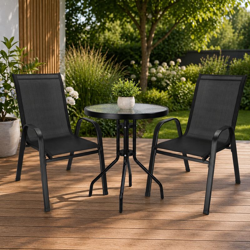 Casa si Gradina - Gradina si terasa - Mobilier exterior - Seturi mobila gradina - Set mobilier gradina, 2 scaune si masa rotunda, blat sticla, cadru metalic, 60x70 cm, negru - Infinity.ro