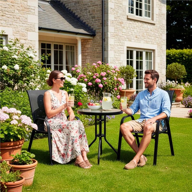 Casa si Gradina - Gradina si terasa - Mobilier exterior - Seturi mobila gradina - Set mobilier gradina, 2 scaune si masa rotunda, blat sticla, cadru metalic, 60x70 cm, negru - Infinity.ro