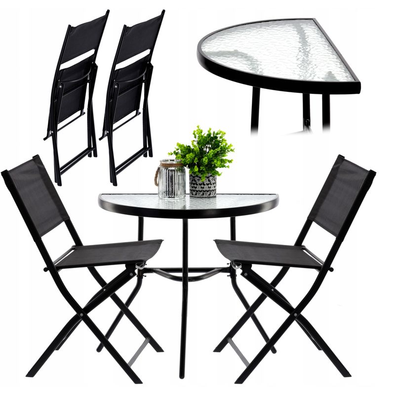 Casa si Gradina - Gradina si terasa - Mobilier exterior - Seturi mobila gradina - Set mobilier gradina sau balcon, masa semirotund sticla cu 2 scaune pliabile, negru - Infinity.ro