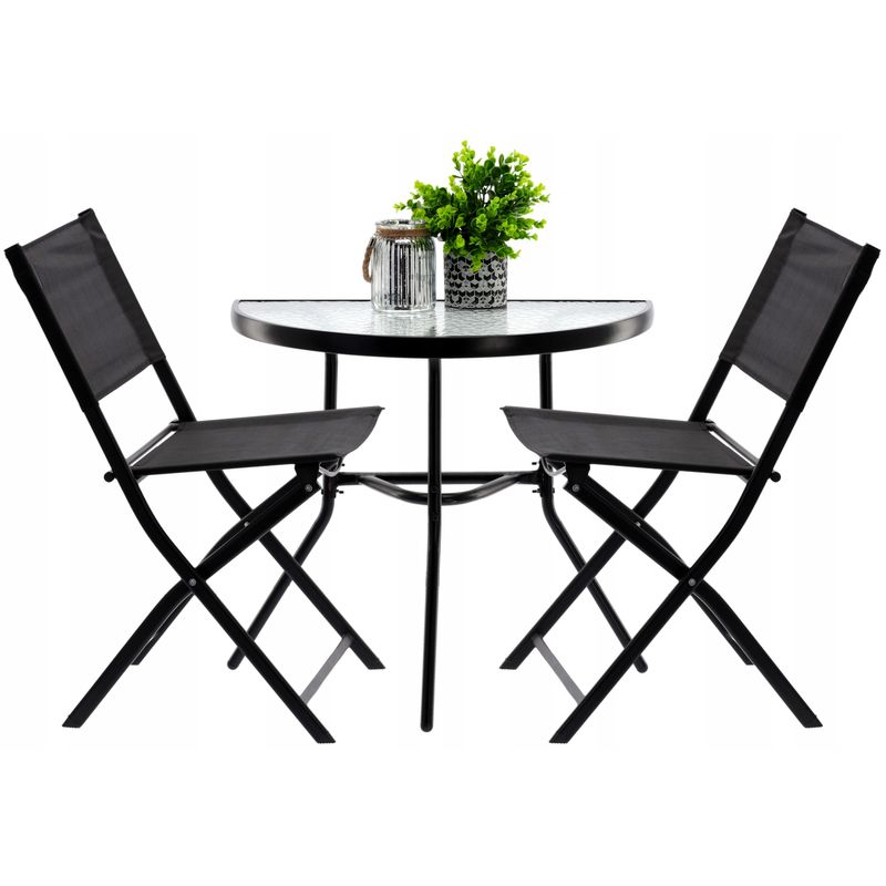 Casa si Gradina - Gradina si terasa - Mobilier exterior - Seturi mobila gradina - Set mobilier gradina sau balcon, masa semirotund sticla cu 2 scaune pliabile, negru - Infinity.ro