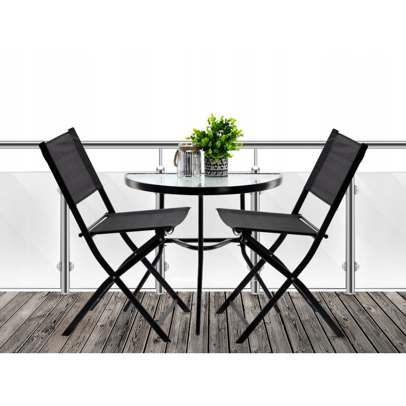 Casa si Gradina - Gradina si terasa - Mobilier exterior - Seturi mobila gradina - Set mobilier gradina sau balcon, masa semirotund sticla cu 2 scaune pliabile, negru - Infinity.ro