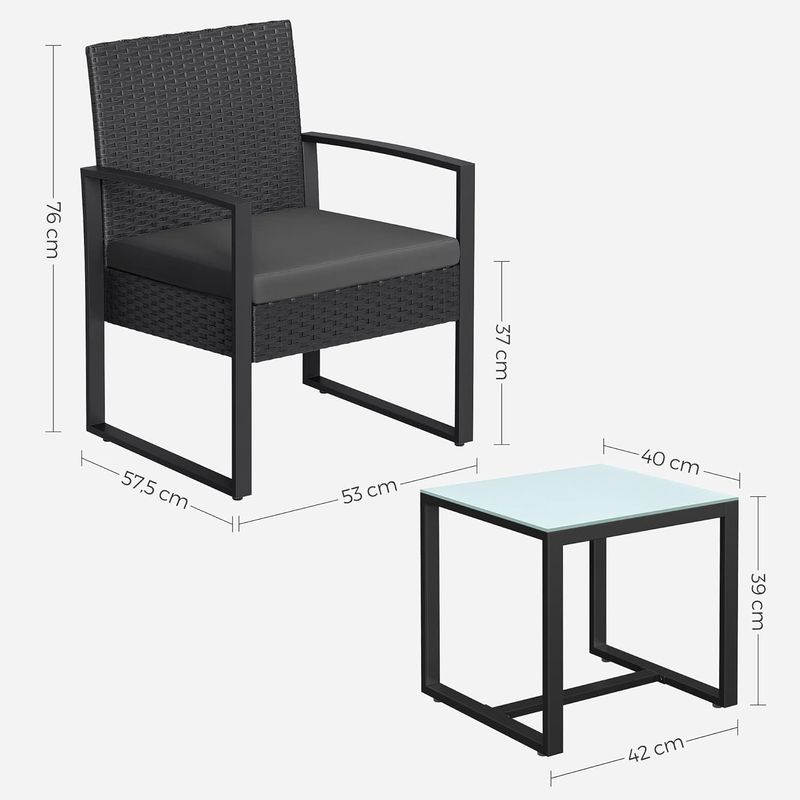 Casa si Gradina - Gradina si terasa - Mobilier exterior - Seturi mobila gradina - Set mobilier pentru gradina cu 2 scaune cu perne si masuta, cadru metalic, impletitura PE, negru si gri - Infinity.ro