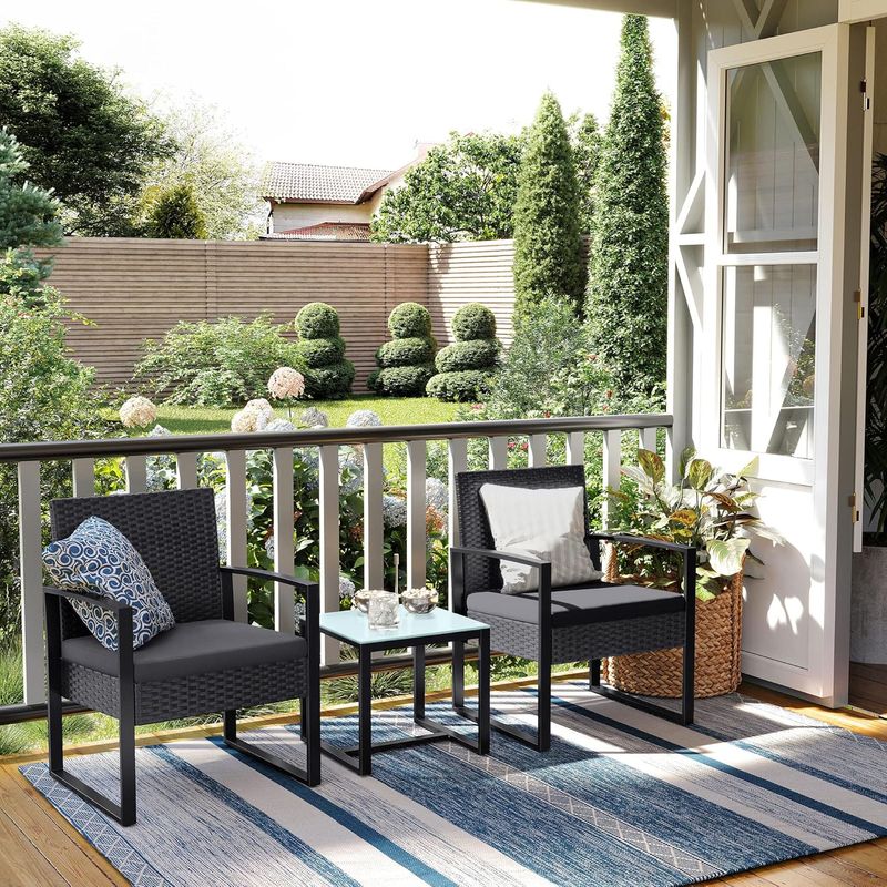 Casa si Gradina - Gradina si terasa - Mobilier exterior - Seturi mobila gradina - Set mobilier pentru gradina cu 2 scaune cu perne si masuta, cadru metalic, impletitura PE, negru si gri - Infinity.ro