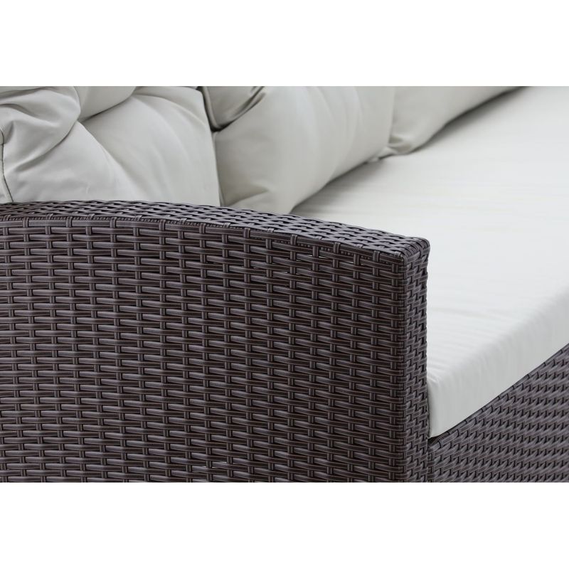Casa si Gradina - Gradina si terasa - Mobilier exterior - Seturi mobila gradina - Set mobilier gradina 7 piese, canapea 3 locuri, 2 fotolii, 2 tabureti si masa cu blat de sticla, ratan PE, maro si bej - Infinity.ro