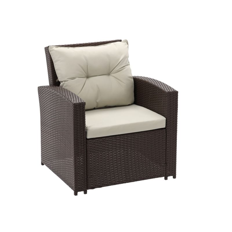 Casa si Gradina - Gradina si terasa - Mobilier exterior - Seturi mobila gradina - Set mobilier gradina 7 piese, canapea 3 locuri, 2 fotolii, 2 tabureti si masa cu blat de sticla, ratan PE, maro si bej - Infinity.ro
