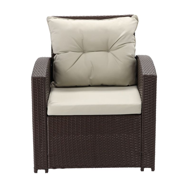 Casa si Gradina - Gradina si terasa - Mobilier exterior - Seturi mobila gradina - Set mobilier gradina 7 piese, canapea 3 locuri, 2 fotolii, 2 tabureti si masa cu blat de sticla, ratan PE, maro si bej - Infinity.ro