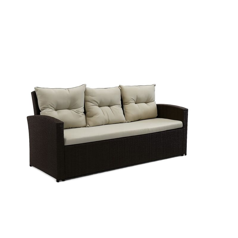 Casa si Gradina - Gradina si terasa - Mobilier exterior - Seturi mobila gradina - Set mobilier gradina 7 piese, canapea 3 locuri, 2 fotolii, 2 tabureti si masa cu blat de sticla, ratan PE, maro si bej - Infinity.ro