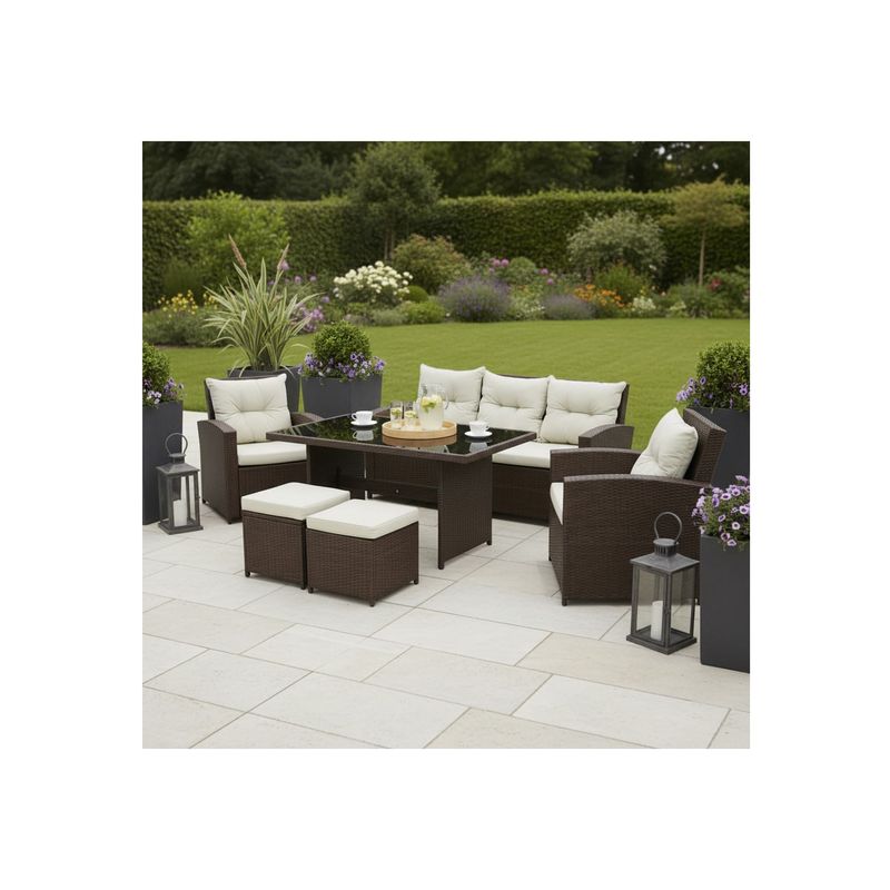 Casa si Gradina - Gradina si terasa - Mobilier exterior - Seturi mobila gradina - Set mobilier gradina 7 piese, canapea 3 locuri, 2 fotolii, 2 tabureti si masa cu blat de sticla, ratan PE, maro si bej - Infinity.ro