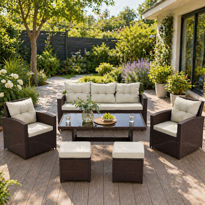 Casa si Gradina - Gradina si terasa - Mobilier exterior - Seturi mobila gradina - Set mobilier gradina 7 piese, canapea 3 locuri, 2 fotolii, 2 tabureti si masa cu blat de sticla, ratan PE, maro si bej - Infinity.ro