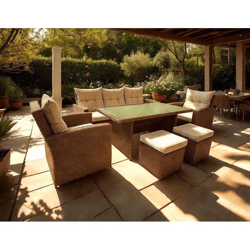 Casa si Gradina - Gradina si terasa - Mobilier exterior - Seturi mobila gradina - Set mobilier gradina 7 piese, canapea 3 locuri, 2 fotolii, 2 tabureti si masa cu blat de sticla, ratan PE, maro si bej - Infinity.ro