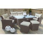 Casa si Gradina - Gradina si terasa - Mobilier exterior - Seturi mobila gradina - Set mobilier gradina 7 piese, canapea 3 locuri, 2 fotolii, 2 tabureti si masa cu blat de sticla, ratan PE, maro si bej - Infinity.ro