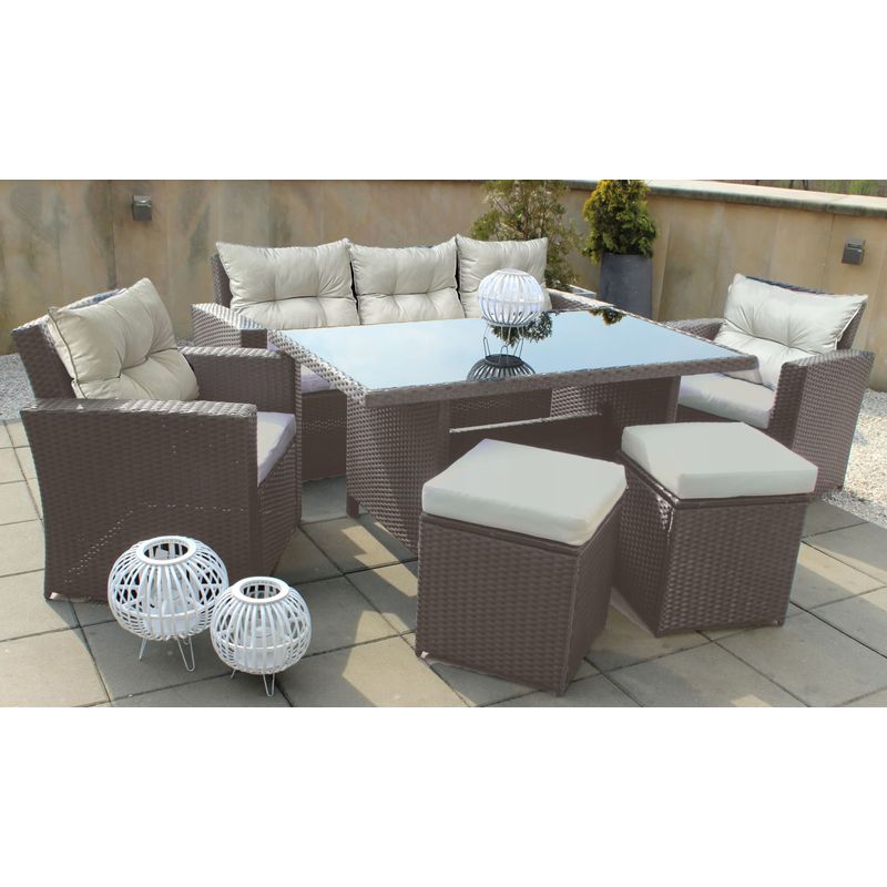 Casa si Gradina - Gradina si terasa - Mobilier exterior - Seturi mobila gradina - Set mobilier gradina 7 piese, canapea 3 locuri, 2 fotolii, 2 tabureti si masa cu blat de sticla, ratan PE, maro si bej - Infinity.ro