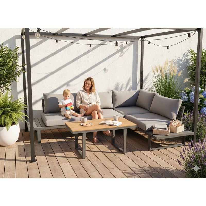 Casa si Gradina - Gradina si terasa - Mobilier exterior - Seturi mobila gradina - Set mobilier gradina Bogota coltar modular, 2 canapele si masa cu inaltime reglabila, cadru aluminiu, 160x70x79 cm, gri - Infinity.ro