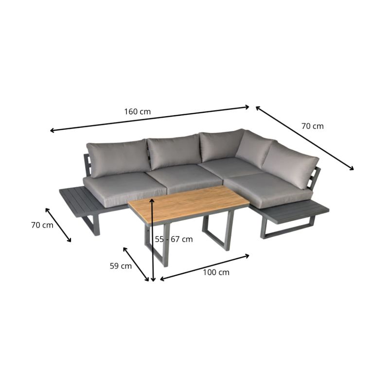 Casa si Gradina - Gradina si terasa - Mobilier exterior - Seturi mobila gradina - Set mobilier gradina Bogota coltar modular, 2 canapele si masa cu inaltime reglabila, cadru aluminiu, 160x70x79 cm, gri - Infinity.ro